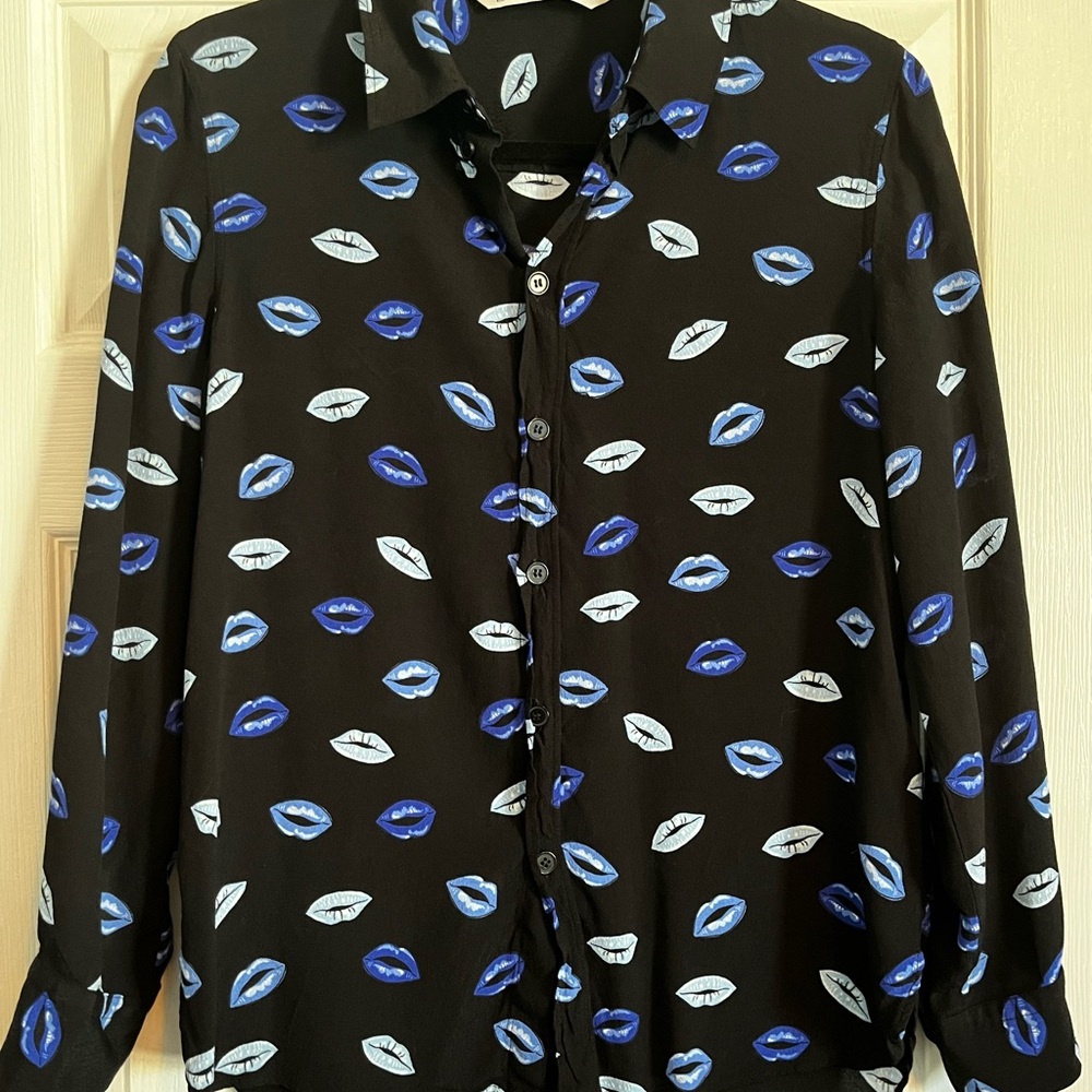 Zara Women Size L Black Blue Lips Print Blouse Shirt Top